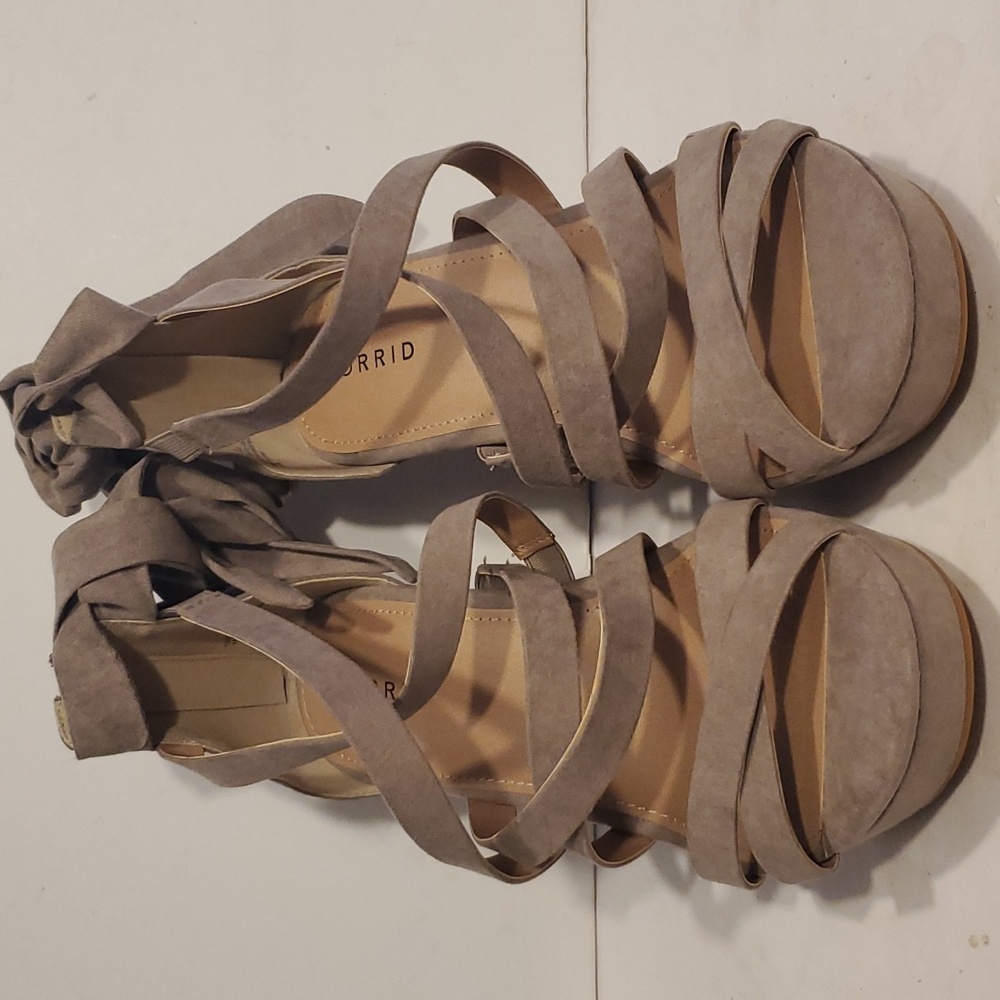 Torrid Taupe Faux Suede Ankle Wrap Wedge Sandal Size 9.5W NWT'S - Picture 3 of 12